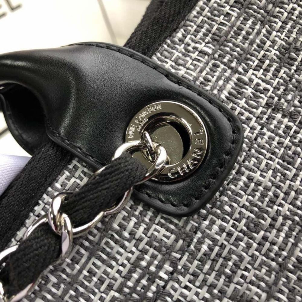Chanel Deauville Tote Raffia Canvas Bag Black 14.9 Inches
