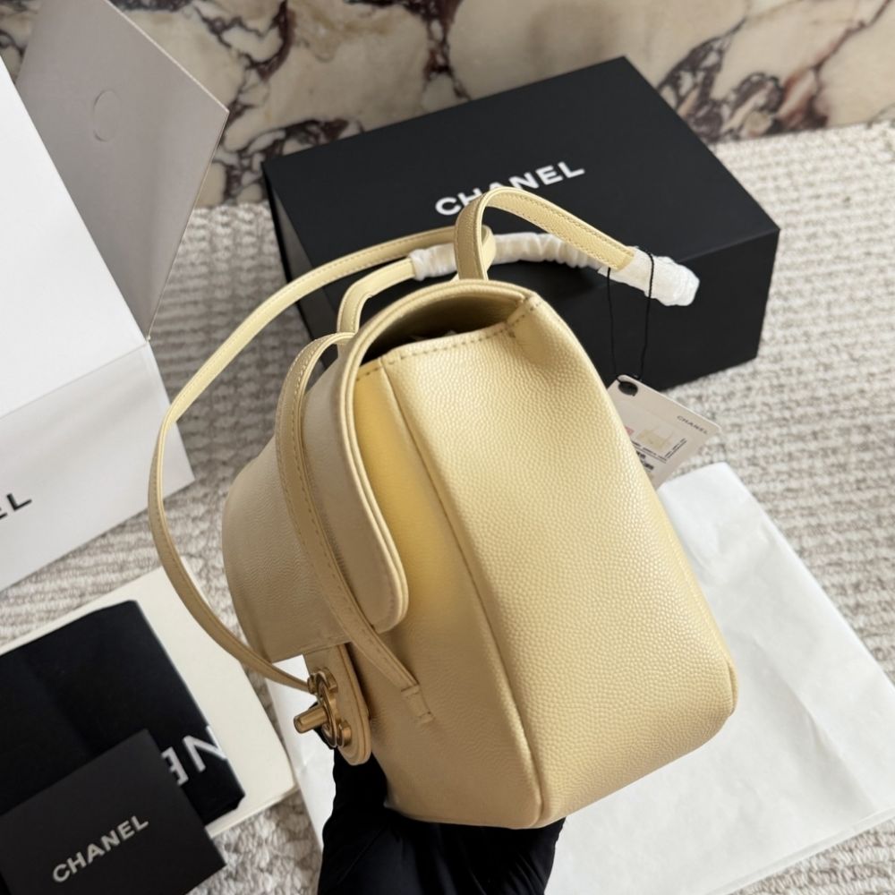 Chanel Small Flap Bag Grained Shiny And Gold Tone Light Yellow 8.7 Inches