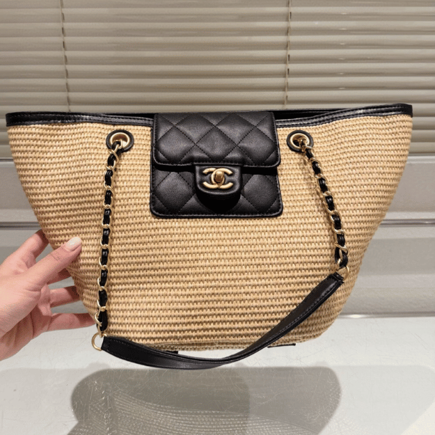 Chanel Raffia Woven Tote Bag Natural/Black 7.9 Inches
