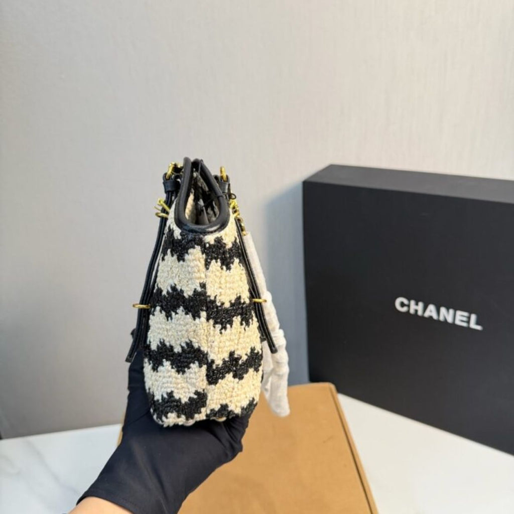 Chanel Small Shopping Bag Braided Straw And Gold Tone Metal Beige And Black 7.9 Inches
