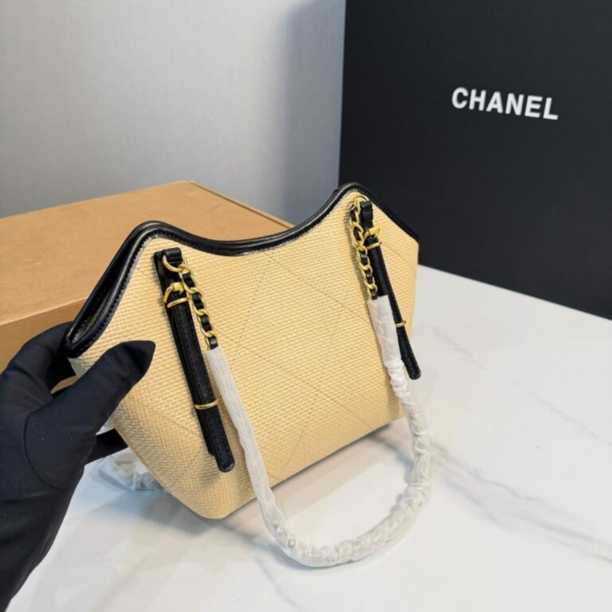Chanel Small Shopping Bag Braided Raffia Effect Canvas And Gold Tone Metal In Beige 7.9 Inches
