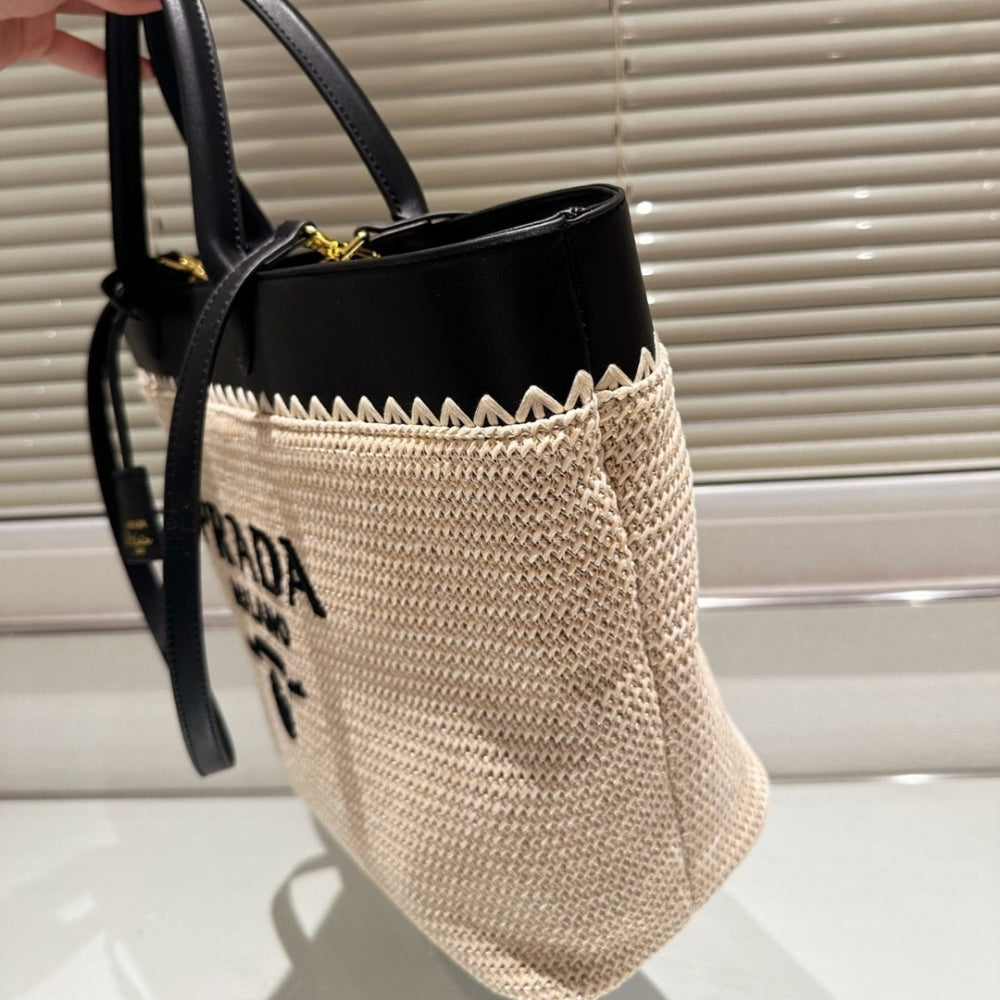 Prada Crochet Tote Bag Tan And Black 33cm 1BG499 2M2Q F0I55 V GOO