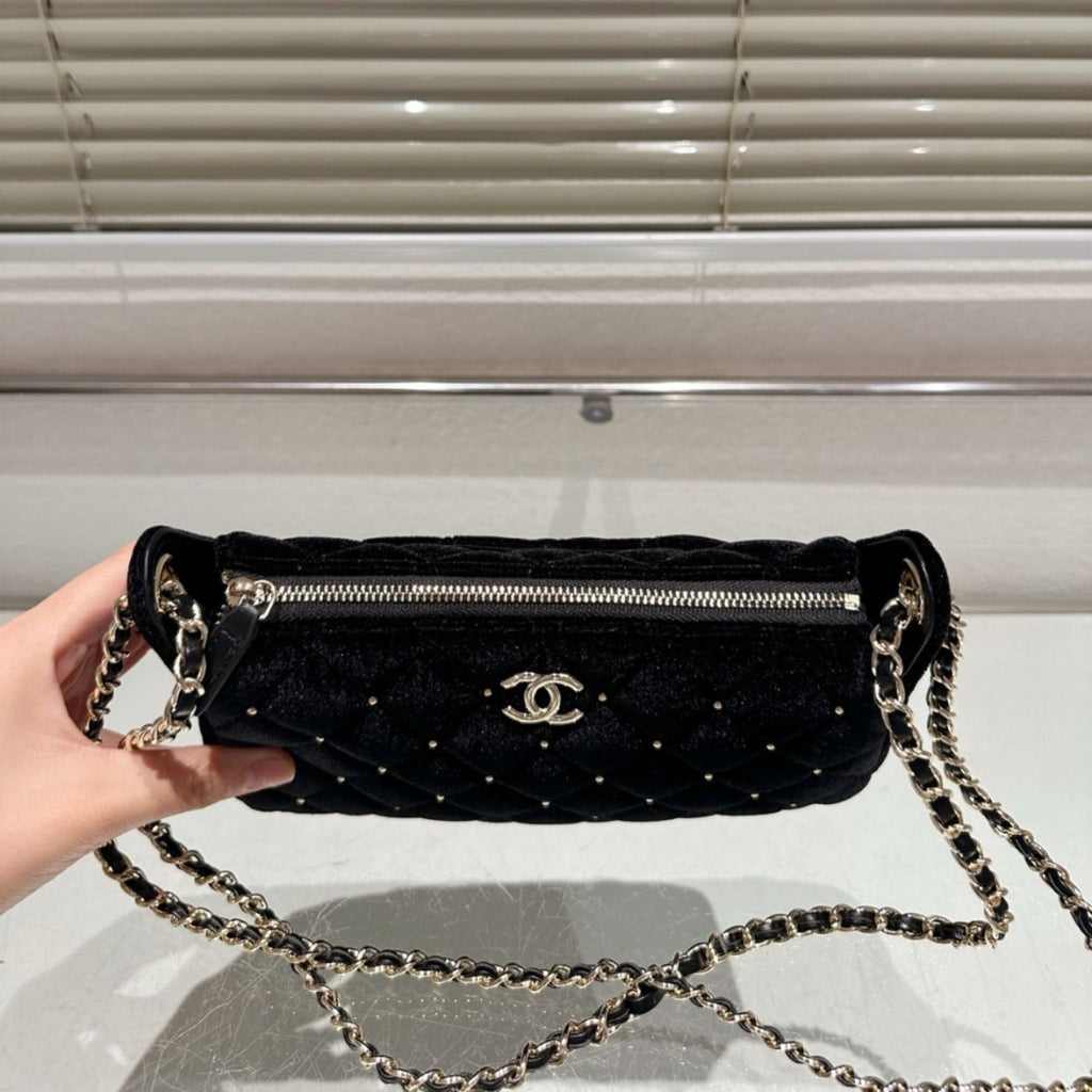 Chanel Velvet Crystal Quilted Chain Hobo Bag In Black 8.7 Inches AP4861 B17652 93405