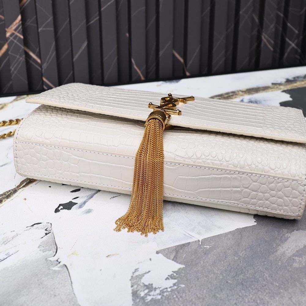 Saint Laurent Kate Medium Tassel In Crocodile White 9.4 Inches