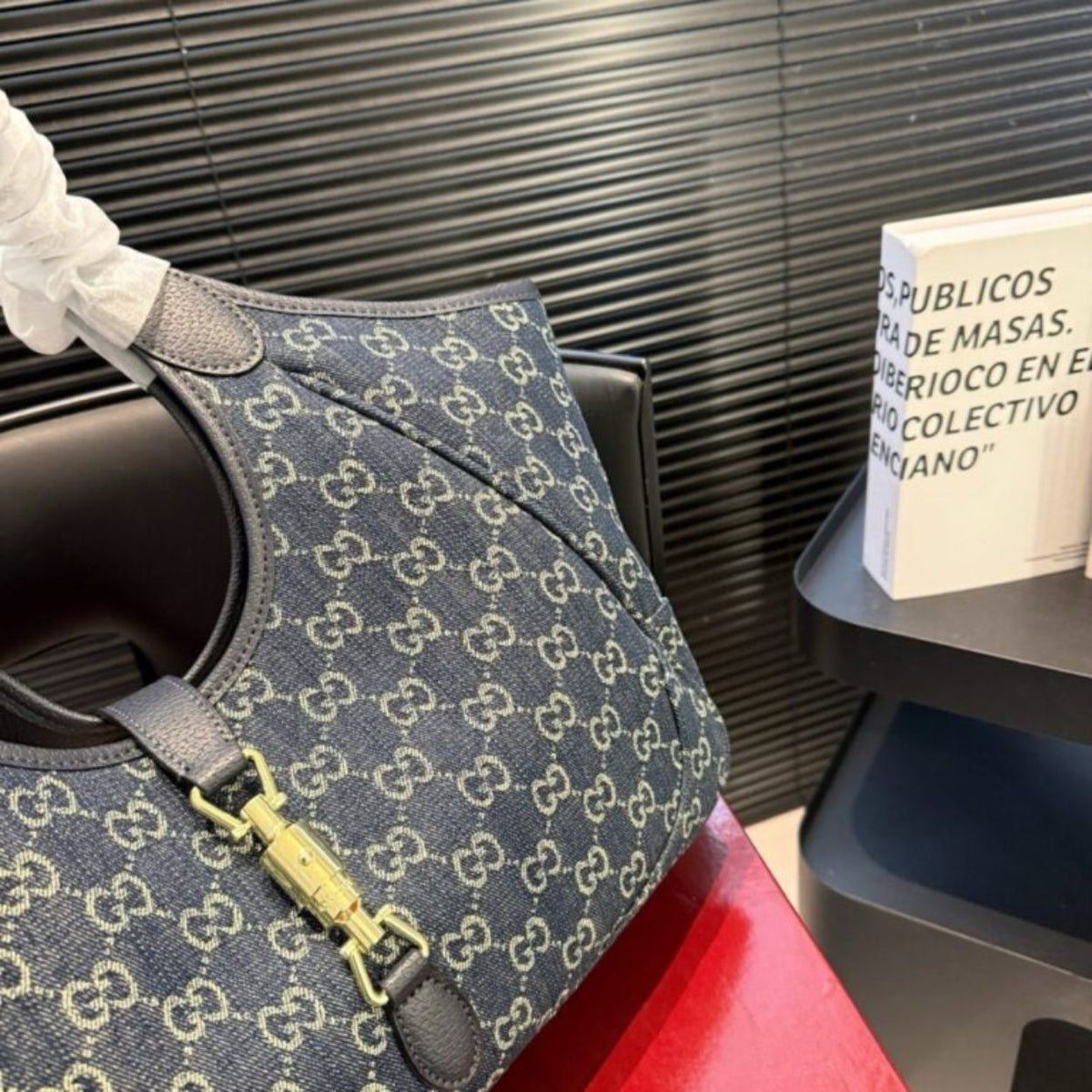 Gucci Mercato Medium Tote Bag Denim Navy Blue 14.2 Inches