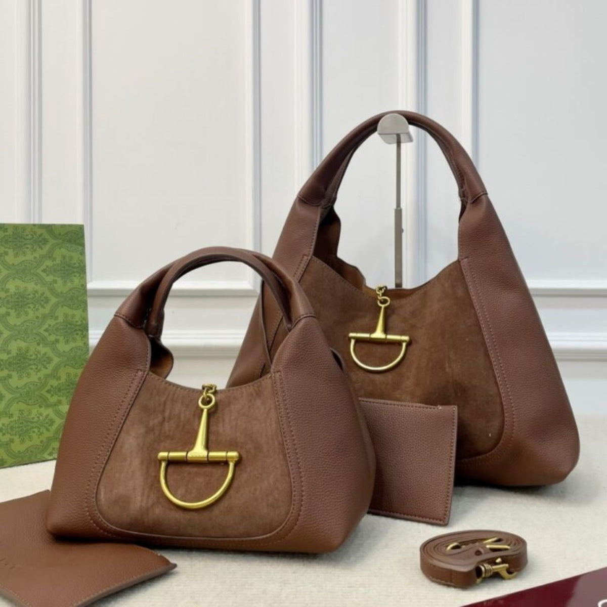 Gucci Softbit Maxi Suede Shoulder Bag Brown 16.5 Inches