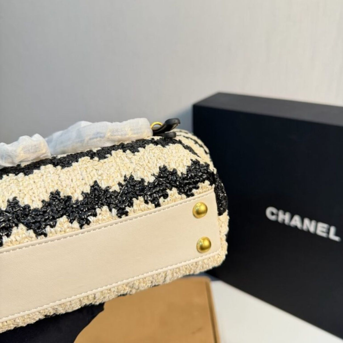 Chanel Small Shopping Bag Braided Straw And Gold Tone Metal Beige And Black 7.9 Inches