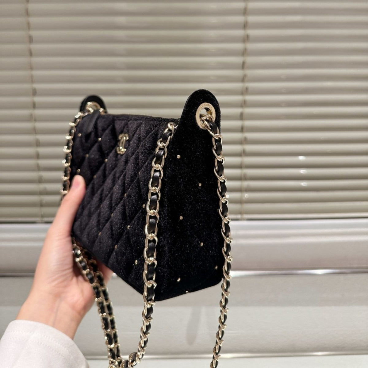 Chanel Velvet Crystal Quilted Chain Hobo Bag In Black 8.7 Inches AP4861 B17652 93405