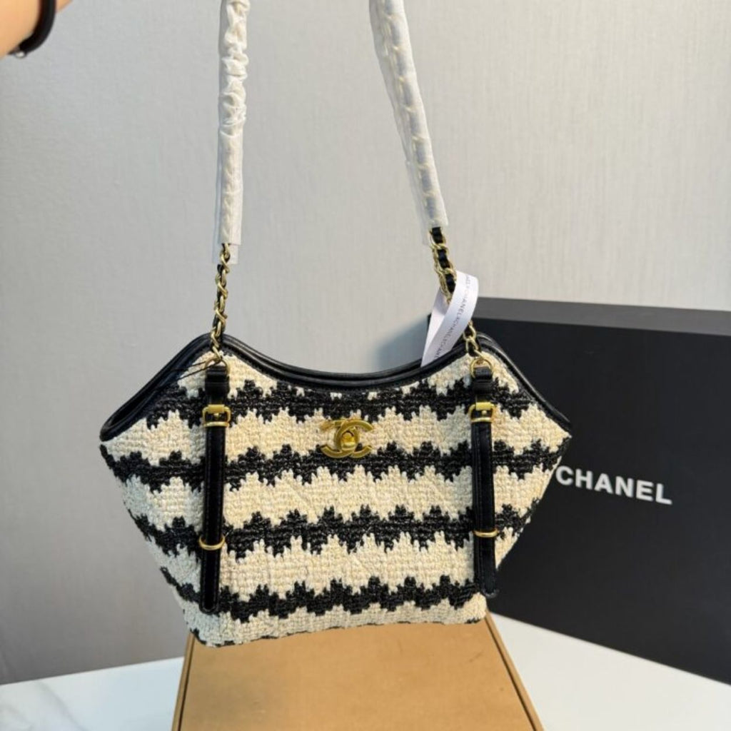 Chanel Small Shopping Bag Braided Straw And Gold Tone Metal Beige And Black 7.9 Inches