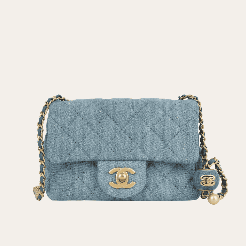 Chanel Denim Gold Ball Square Flap Bag Blue 7.1 Inches