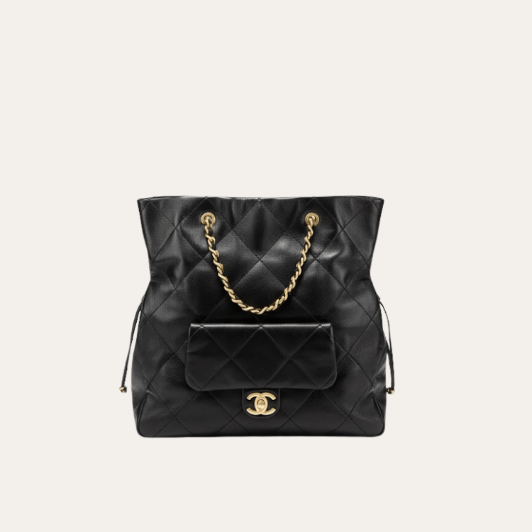 Chanel Drawstring Bucket Bag With Front Pocket Black 13 Inches