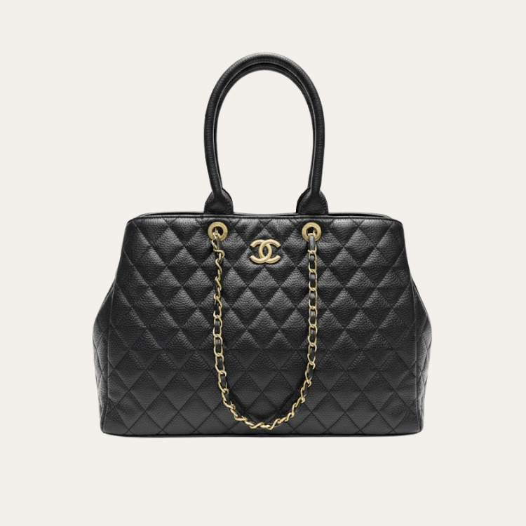 Chanel Quilted Tote Bag Black Gold Chain 15.4 Inches