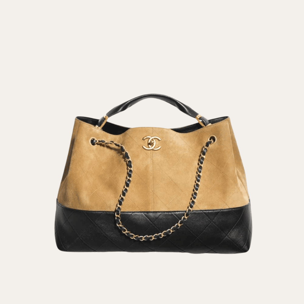 Chanel Shopping Bag Shiny And Gold Tone Metal Beige Black 14.2 Inches AS5657 B20827 U1536
