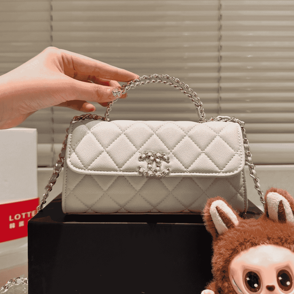 Chanel Flap Bag Top Handle Woc White 7.5 Inches