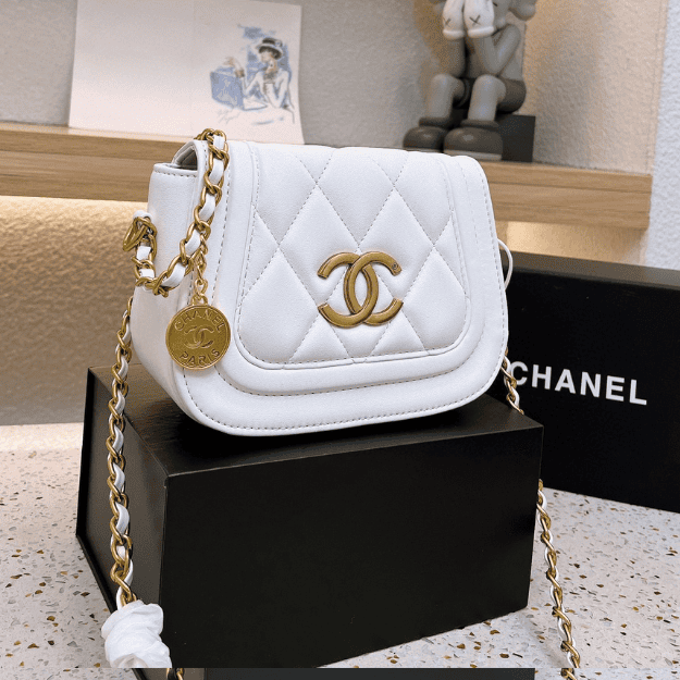 Chanel Coin Charm Flap Bag White 7.9 Inches