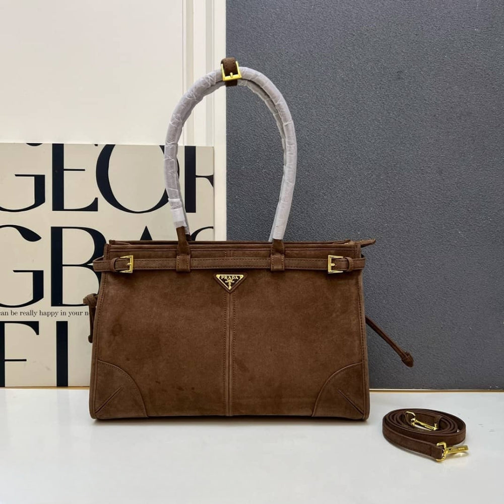 Prada Bonnie Large Suede Handbag Cacao Brown 15 Inches 1Ba433 2C4S F0324 V Moo