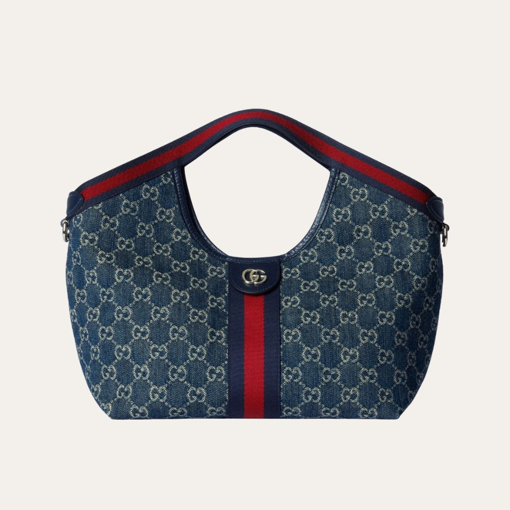 Gucci Giglio Small Tote Bag Blue And White Gg Denim 9.8 Inches 860845 Fafrw 8864