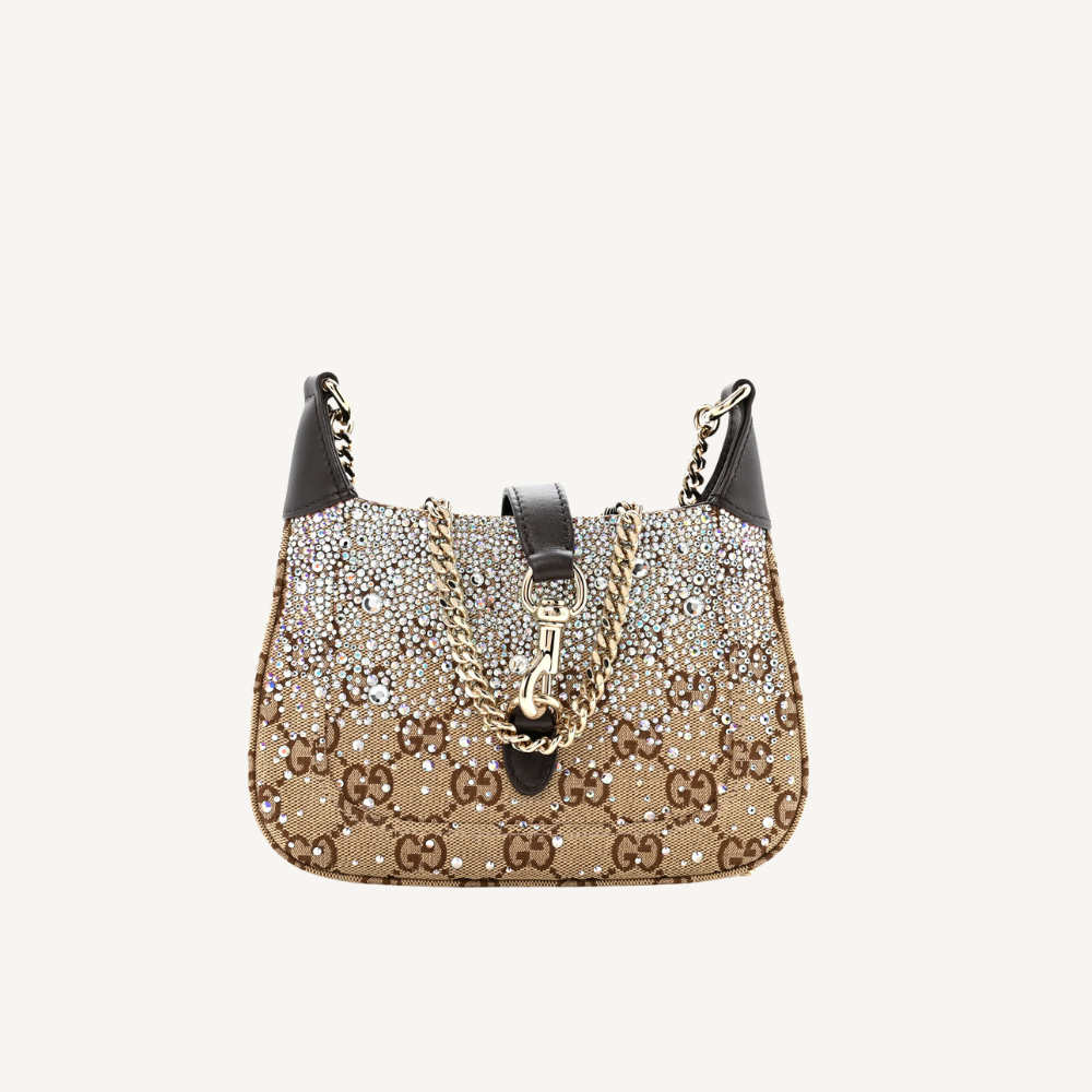 Gucci Women Monogram Crystal Mini Jackie Notte Bag Camel Ebony 7.5 Inches