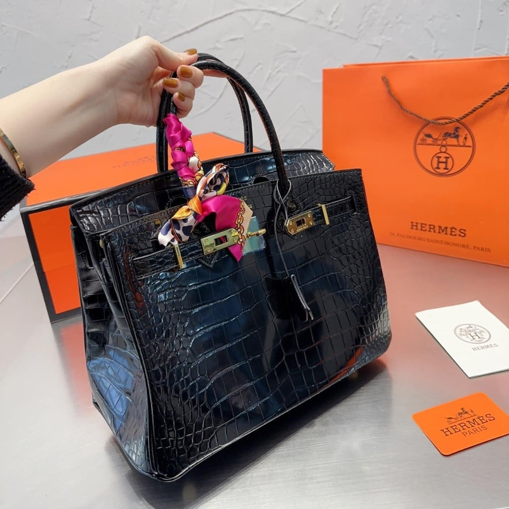 Hermes Birkin 30 Shiny Porosus Crocodile Black Noir 30Cm