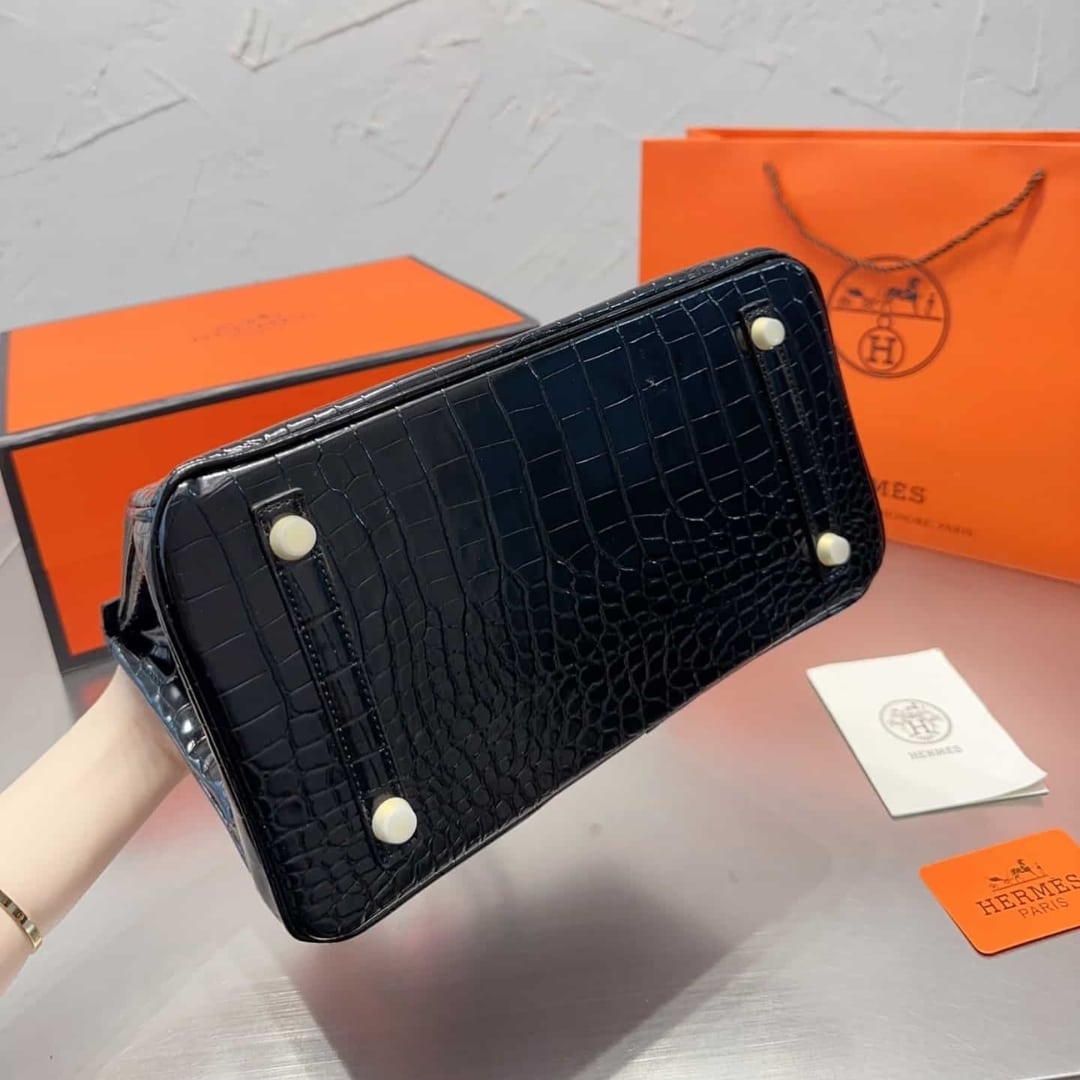 Hermes Birkin 30 Shiny Porosus Crocodile Black Noir 30Cm