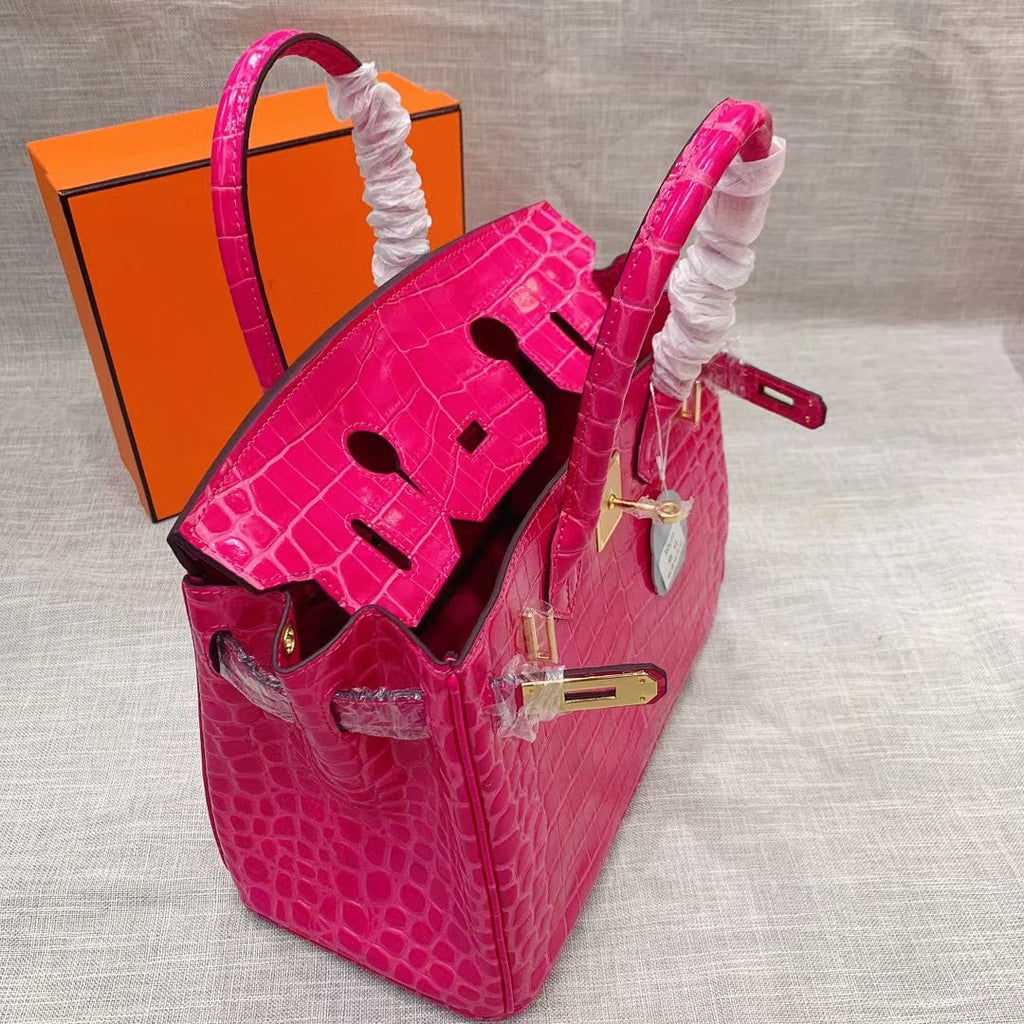 Hermes Birkin 25 Crocodile Gold-Toned Hardware Dark Pink