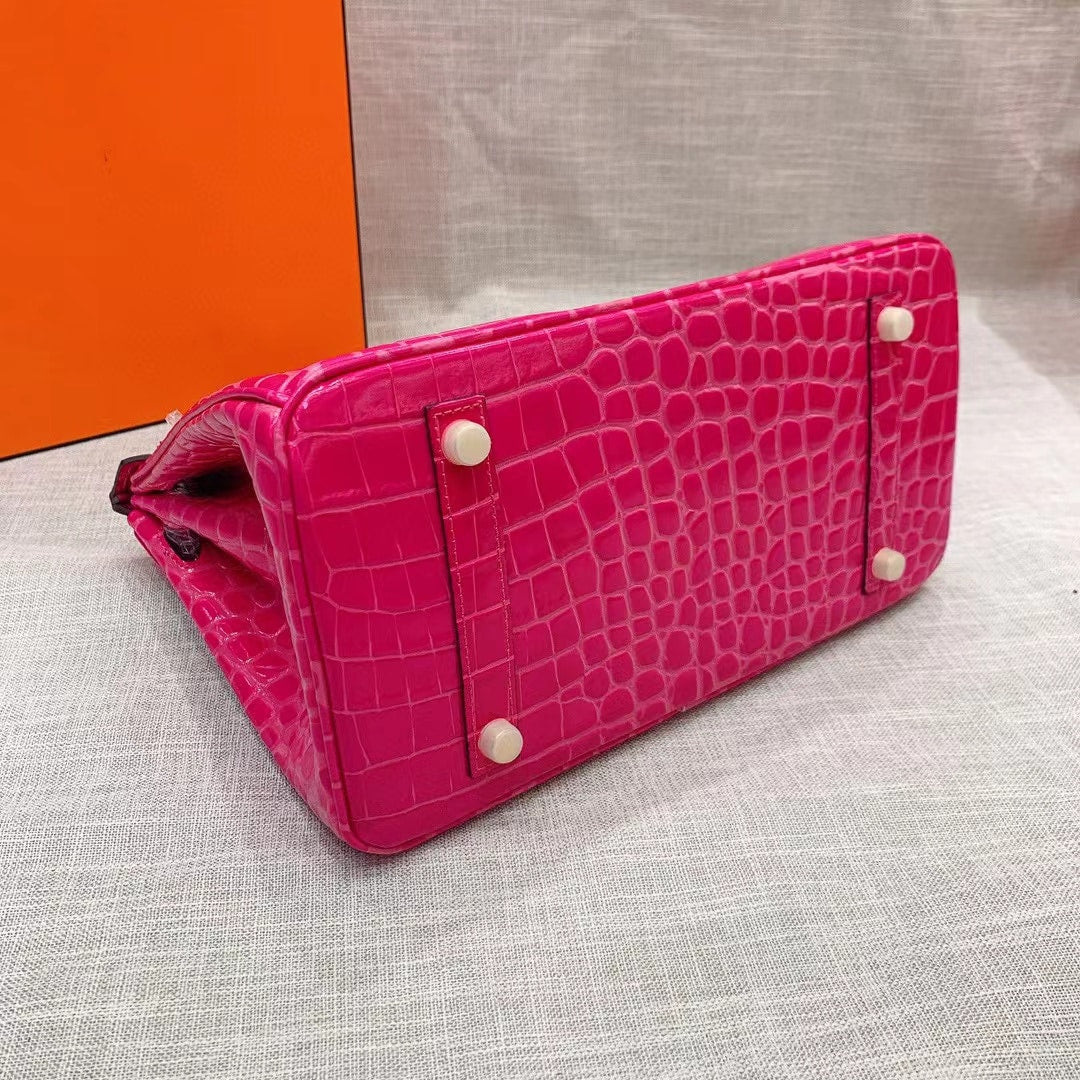 Hermes Birkin 25 Crocodile Gold-Toned Hardware Dark Pink