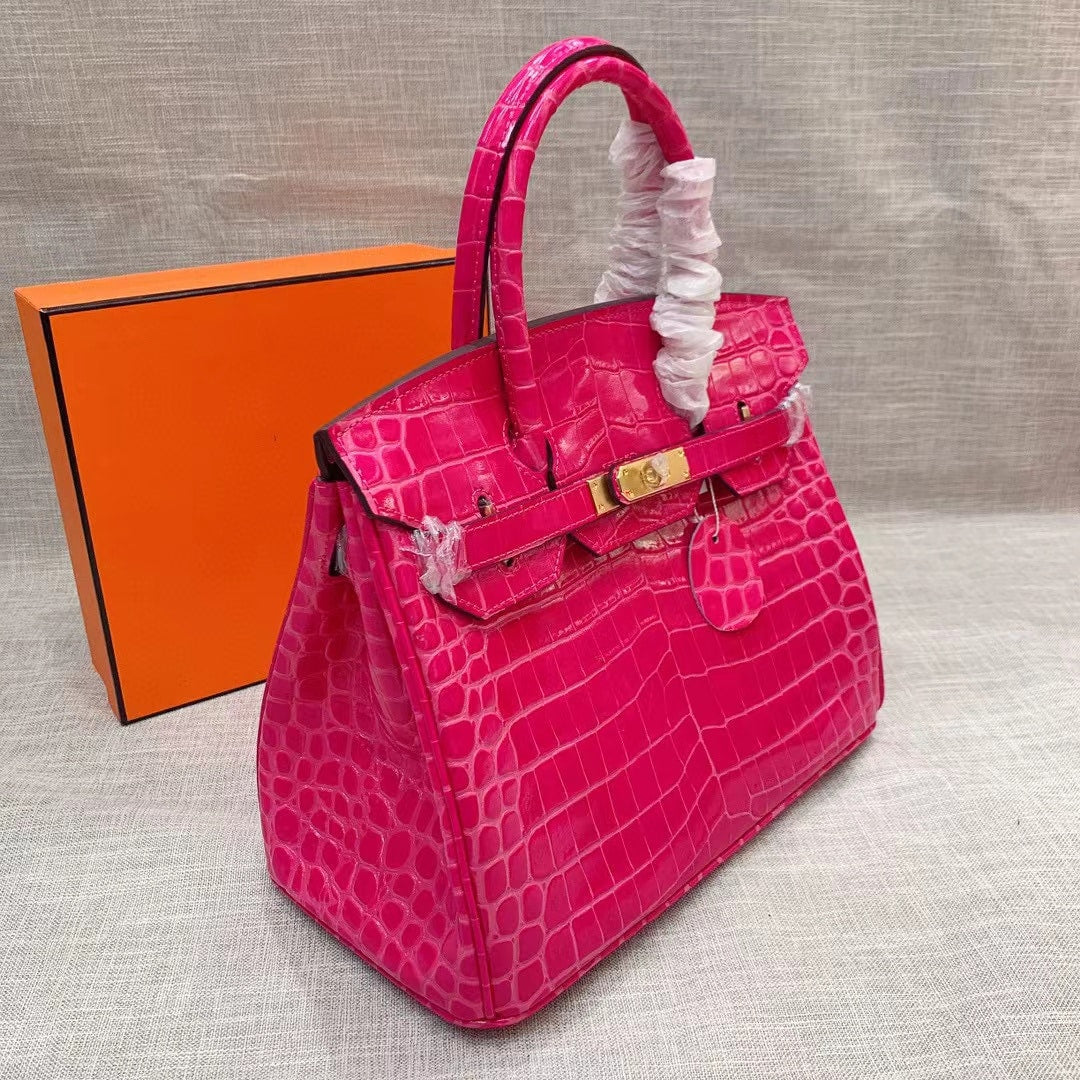 Hermes Birkin 25 Crocodile Gold-Toned Hardware Dark Pink