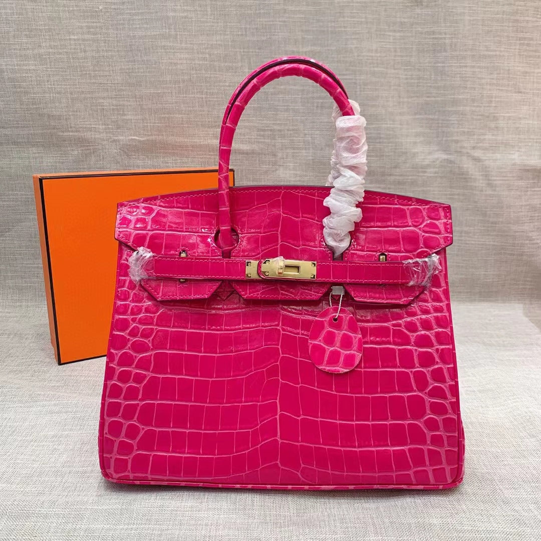 Hermes Birkin 25 Crocodile Gold-Toned Hardware Dark Pink