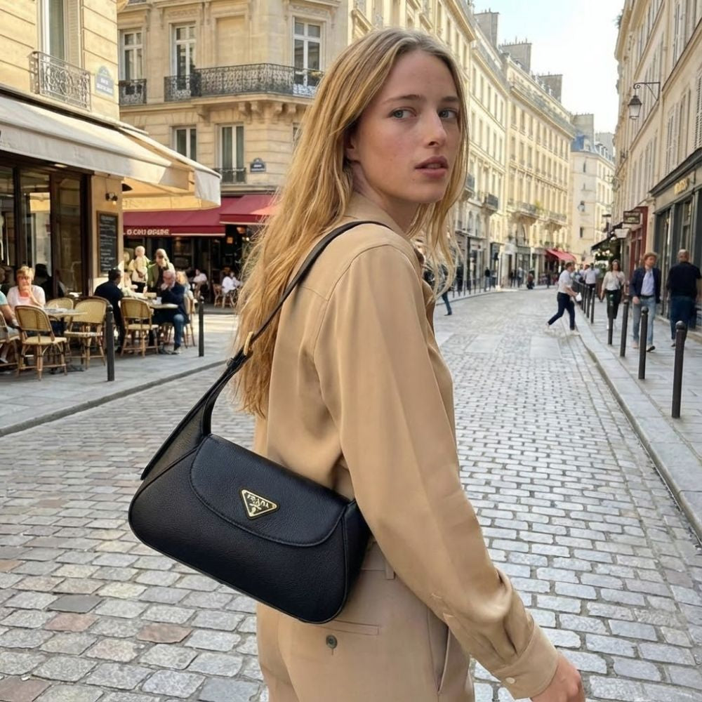 Prada Triangle Logo Shoulder Bag Black 9.4 Inches