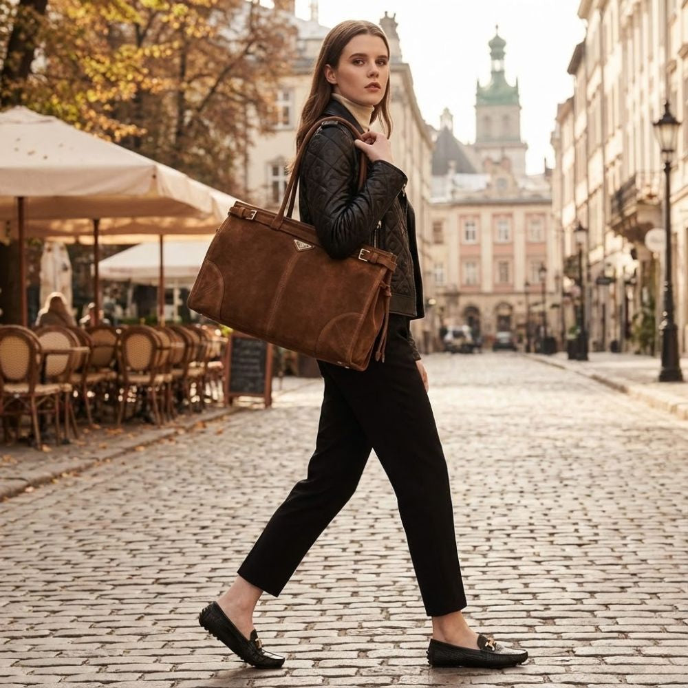 Prada Bonnie Large Suede Handbag Cacao Brown 15 Inches 1Ba433 2C4S F0324 V Moo