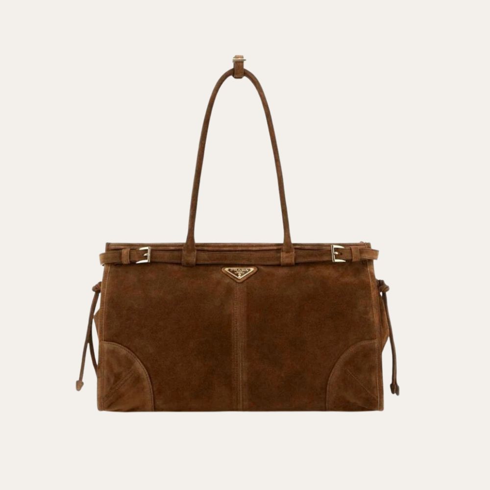 Prada Bonnie Large Suede Handbag Cacao Brown 15 Inches 1Ba433 2C4S F0324 V Moo