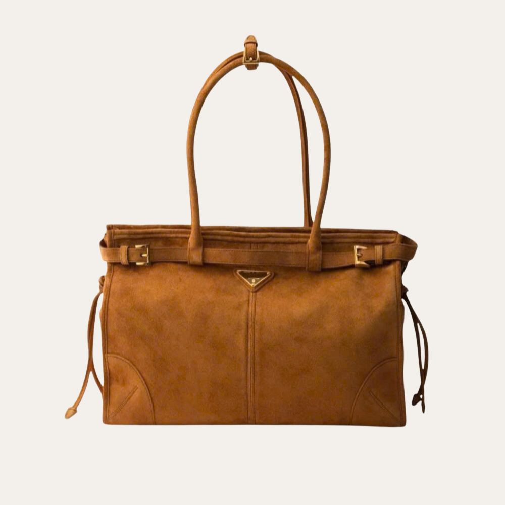 Prada Bonnie Large Suede Handbag Brown 15 Inches 1BA433 2C4S F0401 V MOO