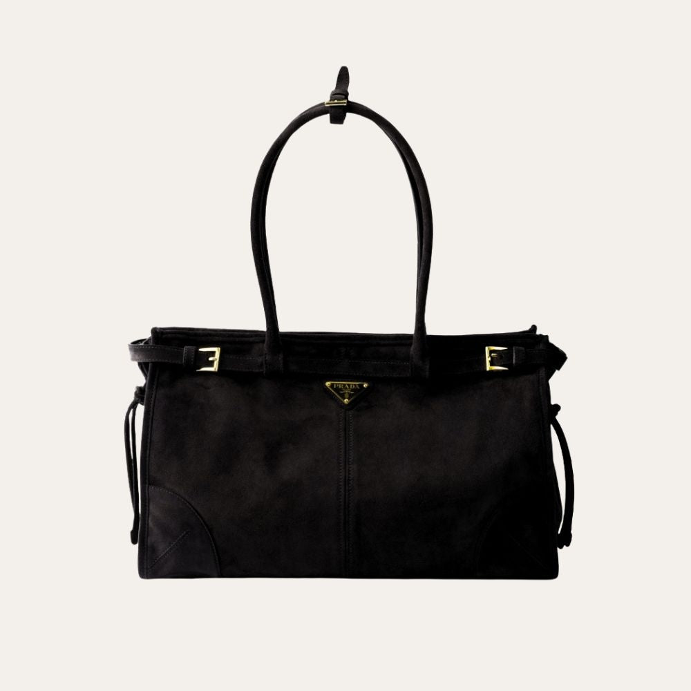 Prada Bonnie Large Suede Handbag Black 15 Inches 1Ba433 2C4S F0308 V Moo