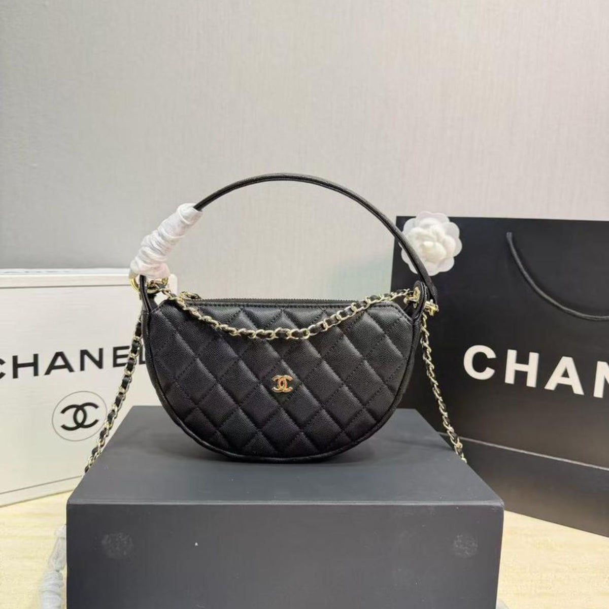 Chanel Quilted Chain Around Pouch Black 7.5 Inches